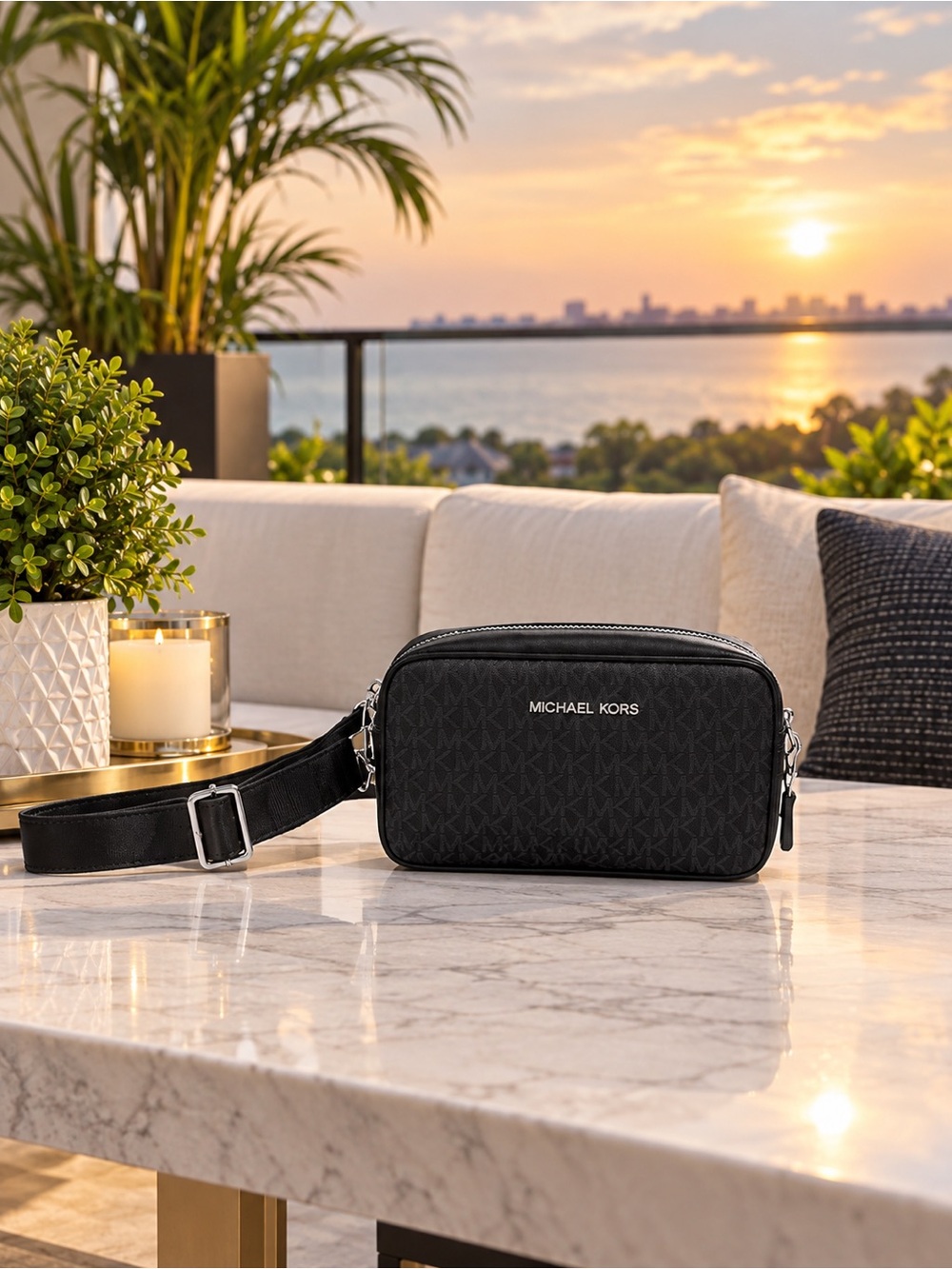 Michael Kors Black MK Logo Belt Bag with Silver Hardware